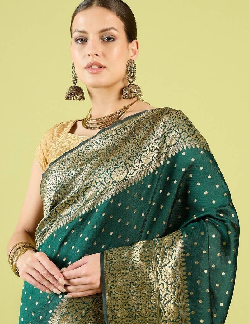 Green soft silk blend banarasi jacuard work designer party wear saree with unstitched blouse piece