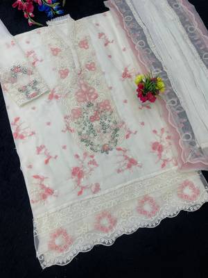 White & pink chiffon suit with embroidery & sequin work 2