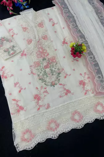 White & pink chiffon suit with embroidery & sequin work