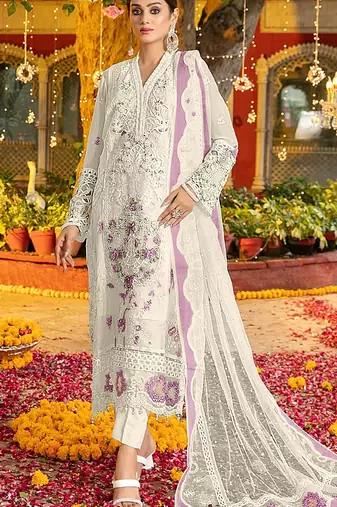 White & purple chiffon  suit with embroidery & sequin work