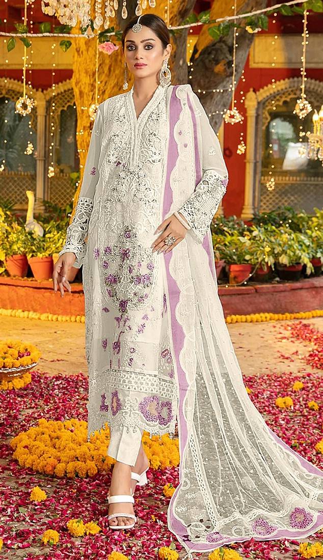 White & purple chiffon  suit with embroidery & sequin work