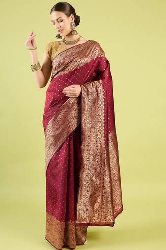 Maroon soft silk blend banarasi jacuard work designer party wear saree with unstitched blouse piece