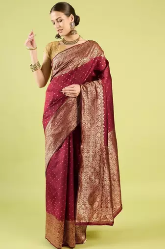 Maroon soft silk blend banarasi jacuard work designer party wear saree with unstitched blouse piece