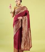 Maroon soft silk blend banarasi jacuard work designer party wear saree with unstitched blouse piece