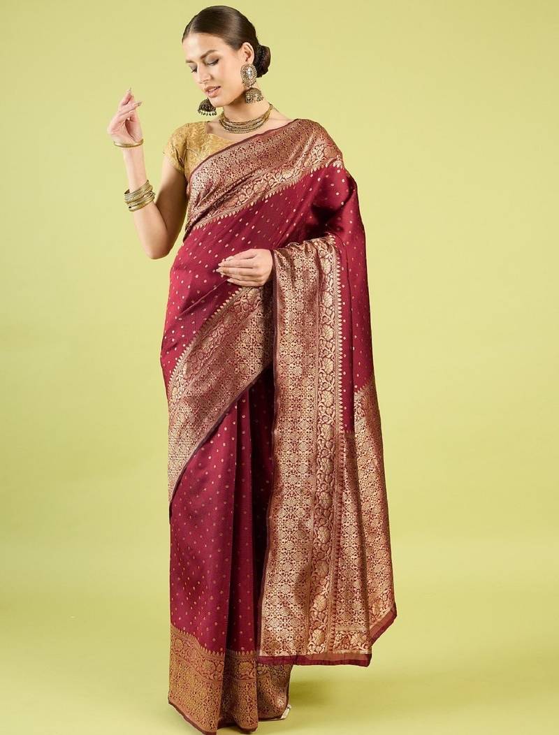 Maroon soft silk blend banarasi jacuard work designer party wear saree with unstitched blouse piece