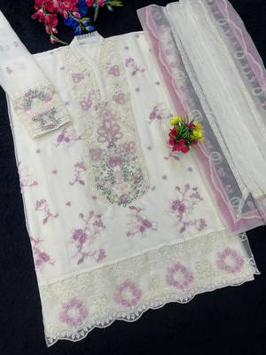White & purple chiffon suit with embroidered sequin  2