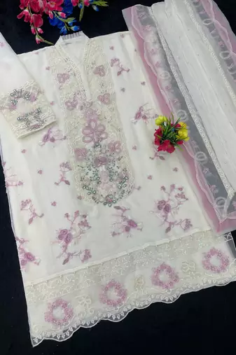 White & purple chiffon suit with embroidered sequin 