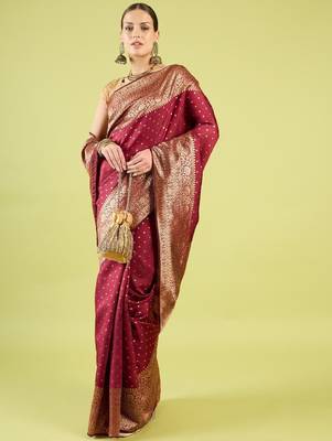 Maroon silk blend banarasi saree with unstitched blouse piece 2
