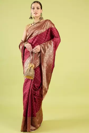 Maroon silk blend banarasi saree with unstitched blouse piece