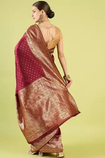 Maroon silk blend banarasi saree with unstitched blouse piece