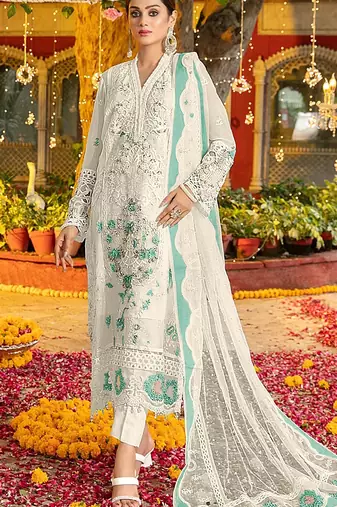 White & blue chiffon  suit with embroidery & sequin work