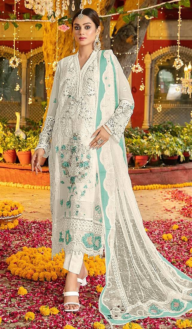White & blue chiffon  suit with embroidery & sequin work