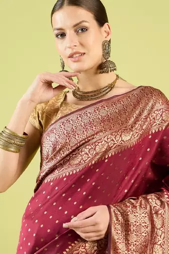 Maroon silk blend banarasi saree with unstitched blouse piece
