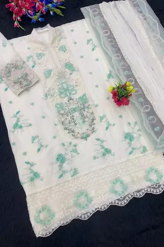 White & blue chiffon suit with embroidered sequin 