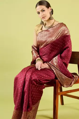 Maroon silk blend banarasi saree with unstitched blouse piece