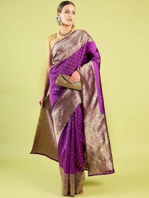 Purple silk blend banarasi saree with unstitched blouse piece 1
