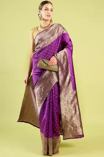 Purple soft silk blend banarasi jacuard work designer party wear saree with unstitched blouse piece