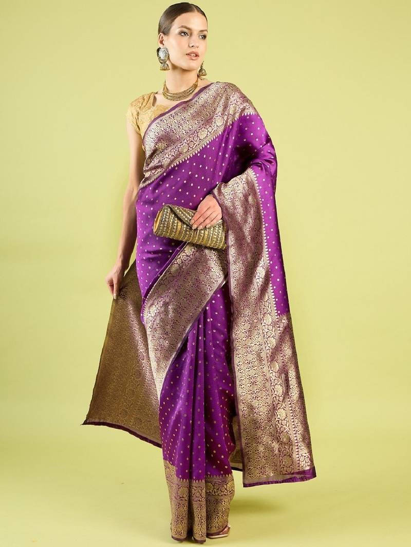 Purple soft silk blend banarasi jacuard work designer party wear saree with unstitched blouse piece