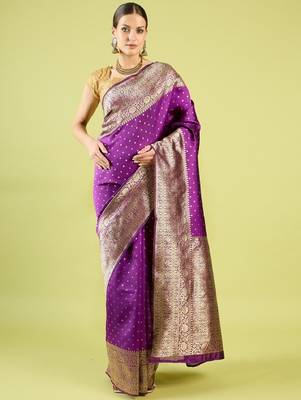 Purple silk blend banarasi saree with unstitched blouse piece 2
