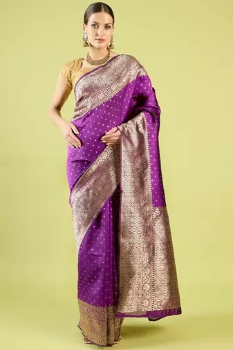 Purple silk blend banarasi saree with unstitched blouse piece