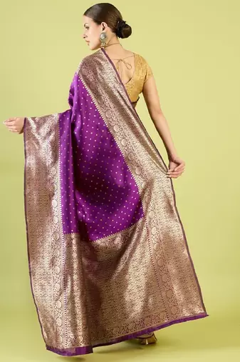 Purple silk blend banarasi saree with unstitched blouse piece