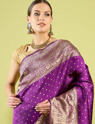 Purple silk blend banarasi saree with unstitched blouse piece 4