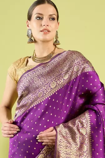 Purple silk blend banarasi saree with unstitched blouse piece