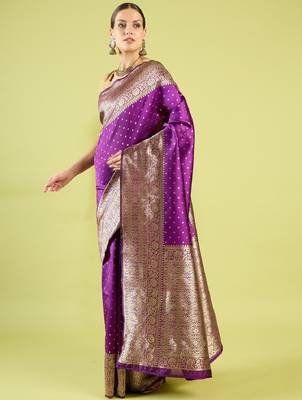 Purple silk blend banarasi saree with unstitched blouse piece 5