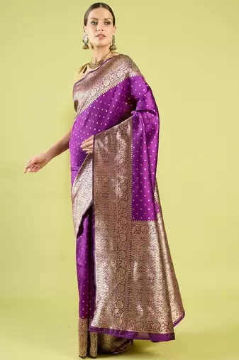 Purple silk blend banarasi saree with unstitched blouse piece