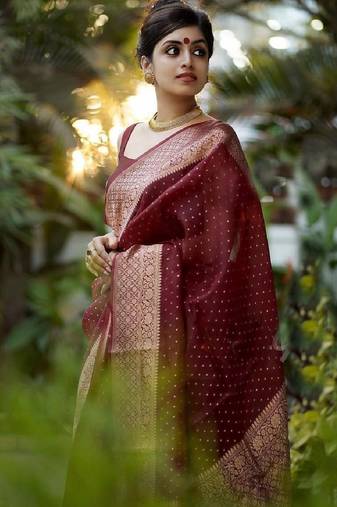 Maroon soft silk blend banarasi jacuard work designer party wear saree with unstitched blouse piece