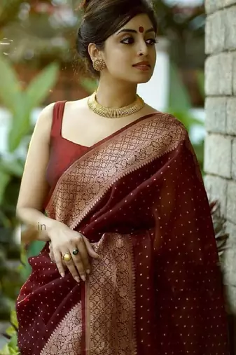 Maroon silk blend banarasi saree with unstitched blouse piece