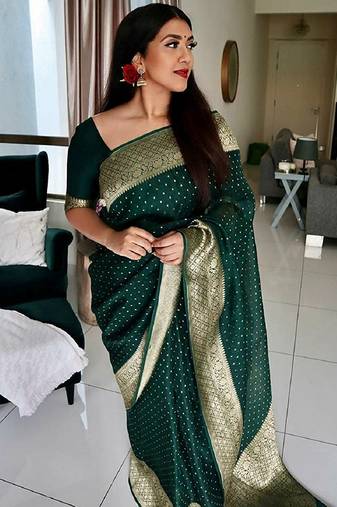 Green soft silk blend banarasi jacuard work designer party wear saree with unstitched blouse piece