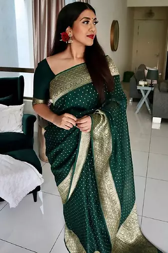 Green soft silk blend banarasi jacuard work designer party wear saree with unstitched blouse piece