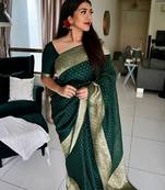 Green soft silk blend banarasi jacuard work designer party wear saree with unstitched blouse piece