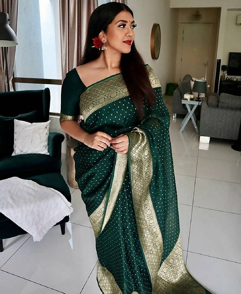 Green soft silk blend banarasi jacuard work designer party wear saree with unstitched blouse piece