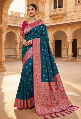 teal banarasi silk saree with pink zari border 1