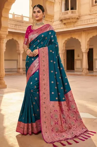 Teal blue soft banarasi silk saree with zari weaving meenakari design