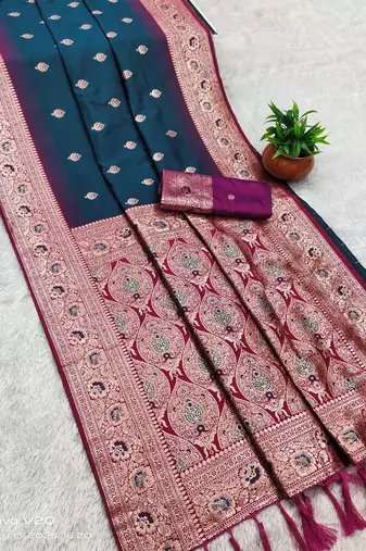 teal banarasi silk saree with pink zari border