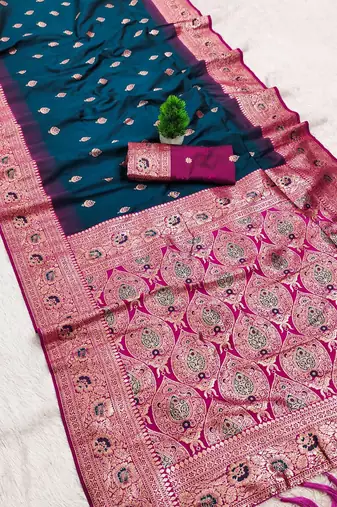 teal banarasi silk saree with pink zari border