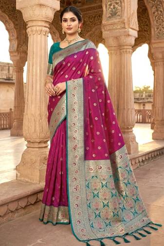 Pink soft banarasi silk saree with zari weaving meenakari design
