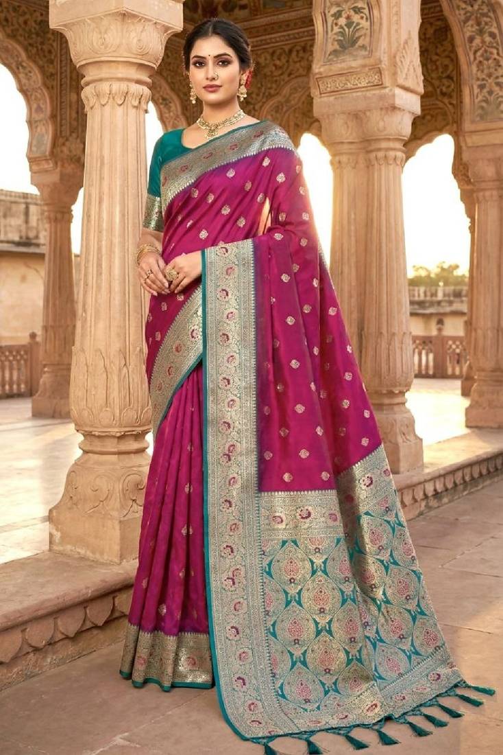 Pink soft banarasi silk saree with zari weaving meenakari design