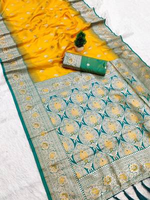 yellow soft banarasi silk saree with zari weaving meenakari design 1