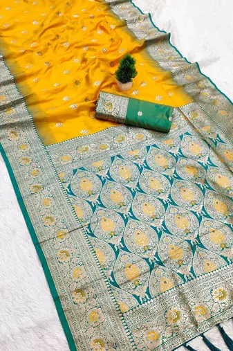 Yellow soft banarasi silk saree with zari weaving meenakari design
