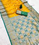 yellow soft banarasi silk saree with zari weaving meenakari design