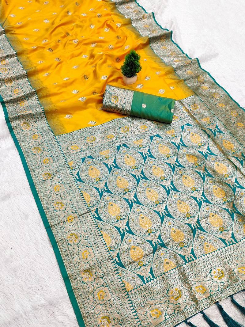 Yellow soft banarasi silk saree with zari weaving meenakari design