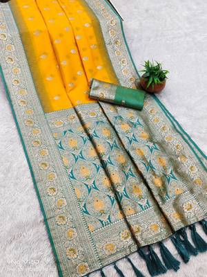 yellow soft banarasi silk saree with zari weaving meenakari design 2