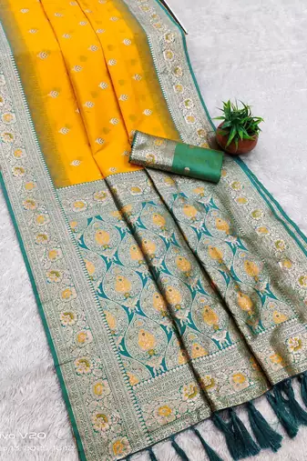 yellow soft banarasi silk saree with zari weaving meenakari design