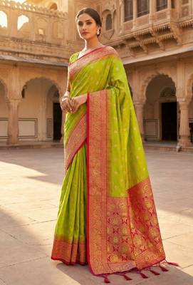 parrot green soft banarasi silk saree with meenakari zari work 1