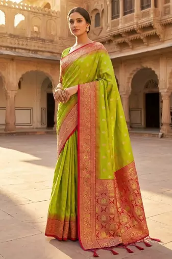 Parrot green soft banarasi silk saree with zari weaving meenakari design