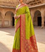 parrot green soft banarasi silk saree with meenakari zari work